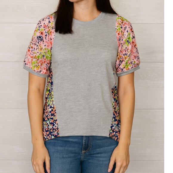 Anthropologie Maeve Floral Puff Sleeve Top Size Small Gray Mixed Print Blouse - Picture 1 of 7